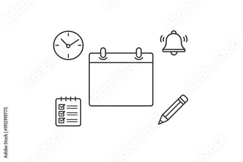 A collection of black line icons featuring a calendar, a clock, a ringing bell, a checklist, and a pencil, representing time management and scheduling on a white background.