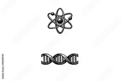 A black and white illustration featuring a stylized atom symbol at the top and a DNA double helix at the bottom. The artwork has a detailed engraving or woodcut aesthetic.
