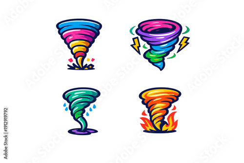 Four stylized tornado illustrations featuring vibrant colors and elemental themes such as fire, water, and electricity, set against a solid black background in a vector style.