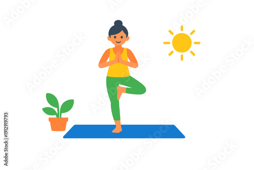 A minimalist vector graphic showing a smiling woman in a yoga tree pose on a blue mat. A yellow sun and a green potted plant are featured in the simple composition.