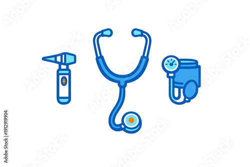 A set of three blue medical equipment icons including a stethoscope, an otoscope, and a blood pressure monitor, presented as flat vector illustrations on a solid black background.