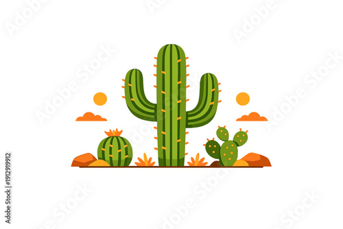 A flat vector illustration featuring a large saguaro cactus, a barrel cactus, and a prickly pear cactus against a black background with orange suns, clouds, and desert rocks.