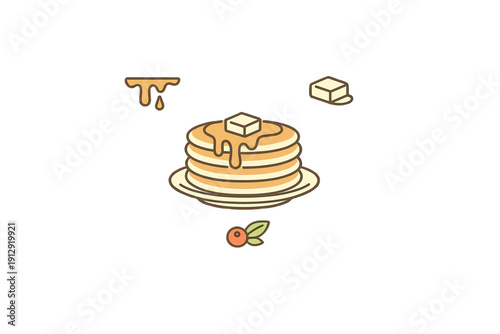 A minimalist illustration of a stack of pancakes on a plate, topped with a pat of butter and dripping syrup, surrounded by floating ingredients on a black background.