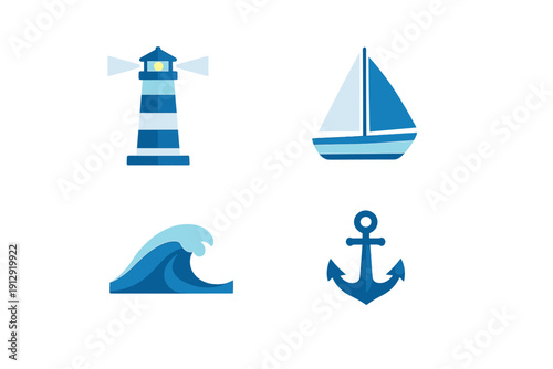 A collection of four nautical icons including a lighthouse, a sailboat, an ocean wave, and an anchor, all designed in a flat blue vector style against a solid black background.