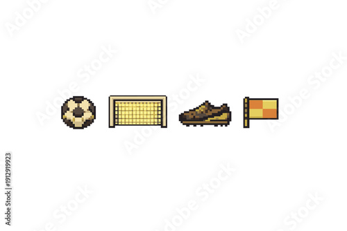 A collection of four pixel art icons featuring a soccer ball, a goal post, a sports shoe, and a checkered flag, all rendered in a retro gaming style on a black background.