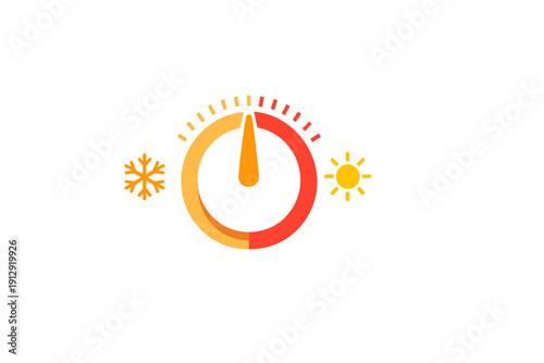 This vector illustration shows a circular thermostat dial with a needle. It includes a snowflake icon for cooling and a sun icon for heating, set against a solid black background.