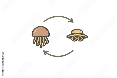 A minimalist vector illustration featuring a jellyfish and a hat with glasses connected by two circular arrows on a black background, representing a cycle or transformation.