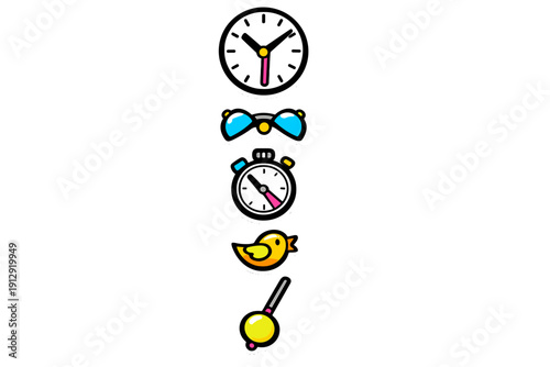 A vertical arrangement of five colorful cartoon icons featuring a clock, blue sunglasses, a stopwatch, a yellow bird, and a pendulum toy against a solid black background.
