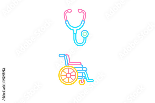 A pink and blue neon stethoscope icon is positioned above a colorful neon wheelchair icon on a black background. These medical symbols feature bright glowing outlines.