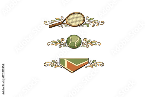 Three vintage-style tennis illustrations featuring a racket, a ball, and a court section, each adorned with ornate gold and green leaf flourishes on a solid black background.