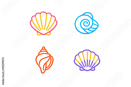 A set of four colorful seashell icons featuring a scallop, a spiral snail shell, and a conch shell. The minimalist line art is presented in vibrant neon colors on a black background.