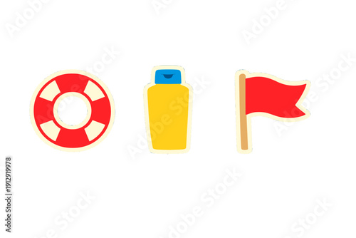 A collection of three summer beach icons featuring a red and white lifebuoy, a yellow sunscreen bottle with a blue cap, and a red flag, all isolated on a solid black background.