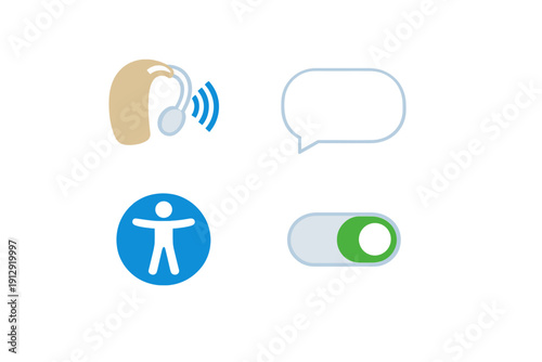 A collection of four digital icons representing accessibility and communication features, including a hearing aid, a speech bubble, a universal access symbol, and a toggle switch.