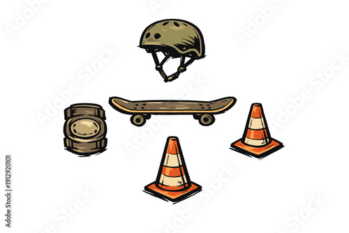 A vintage style illustration featuring skateboarding equipment including a helmet, a skateboard, a knee pad, and two orange traffic cones arranged on a black background.