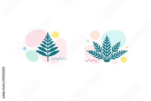 Two minimalist vector illustrations of teal fern leaves set against abstract pastel shapes and a solid black background. The design features a clean, modern aesthetic.