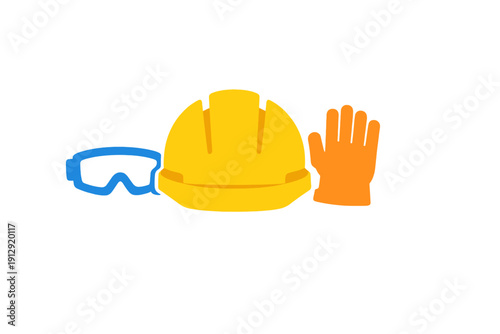 A flat illustration of personal protective equipment including a yellow hard hat, blue safety goggles, and an orange work glove isolated on a solid black background.