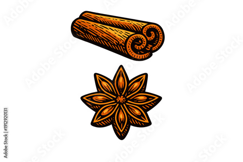 A hand-drawn illustration featuring two cinnamon sticks and a single star anise pod in a vintage woodcut style with orange tones against a solid black background.
