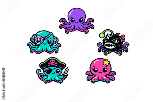 A collection of five colorful cartoon octopus characters in various themes including a pirate, a cyborg, and an anglerfish, set against a solid black background in a vector style.