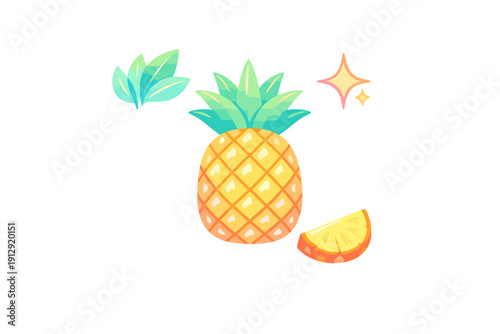 A colorful vector illustration featuring a stylized whole pineapple with a separate slice, green leaves, and twinkling stars on a black background.