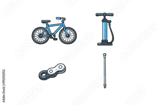 A set of four hand-drawn illustrations featuring a blue bicycle, a manual air pump, a metal chain link, and a pump hose, all isolated on a black background.