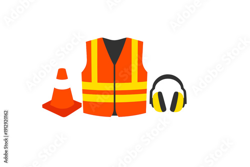 An illustration of industrial safety equipment including an orange reflective vest, a traffic cone, and hearing protection earmuffs isolated on a black background.