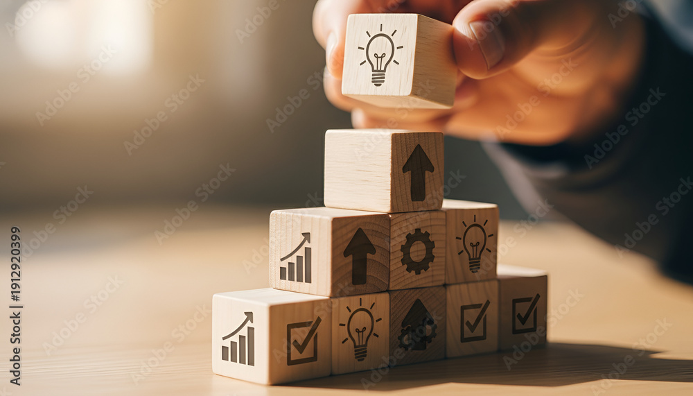 Fototapeta premium Illuminated Strategy: Light Bulb Block Top of Growth Icon Pyramid