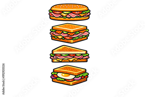 A vertical stack of four different cartoon sandwiches including a sub, a square sandwich, a triangular sandwich, and an egg sandwich, all illustrated on a black background.