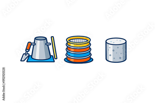 A set of three flat vector icons representing concrete quality control tests including a slump cone with tools, a stack of sieves for grading, and a cylindrical concrete sample.