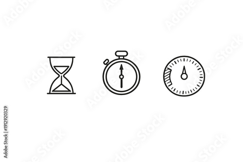 Three minimalist black line icons representing time and measurement are displayed on a white background, featuring an hourglass, a stopwatch, and a circular gauge with a needle indicator.