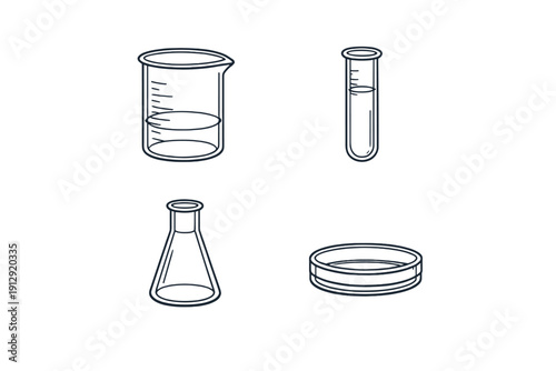 A collection of four minimalist white line art illustrations of laboratory glassware, including a beaker, test tube, Erlenmeyer flask, and petri dish, set against a solid black background.