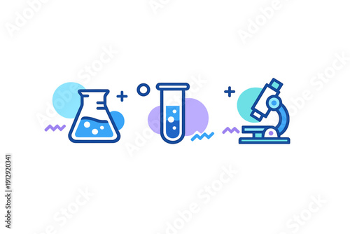A flat vector illustration featuring three science-themed icons: an Erlenmeyer flask, a test tube, and a microscope, all rendered in shades of blue and purple on a black background.