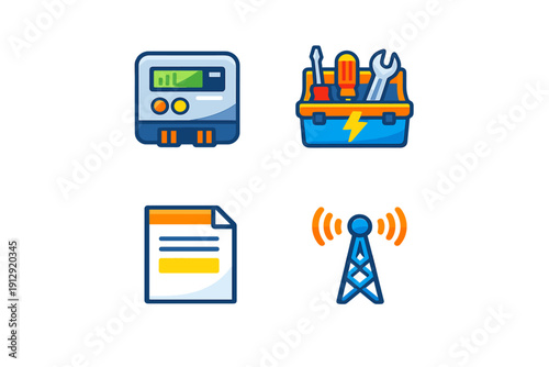 This collection of four flat design icons features an electric meter, a maintenance toolbox, a billing document, and a telecommunications tower on a black background.