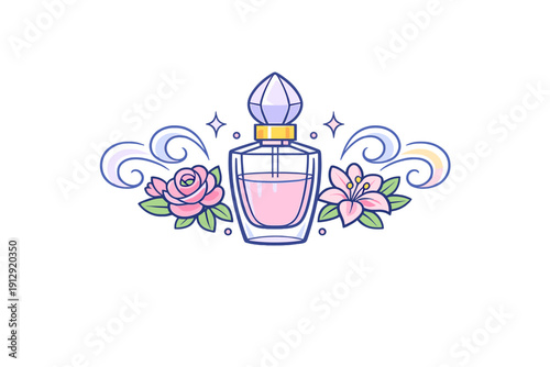 This digital illustration features a pink perfume bottle flanked by a rose and a lily. Decorative swirls and stars accent the design, which is set against a solid black background.
