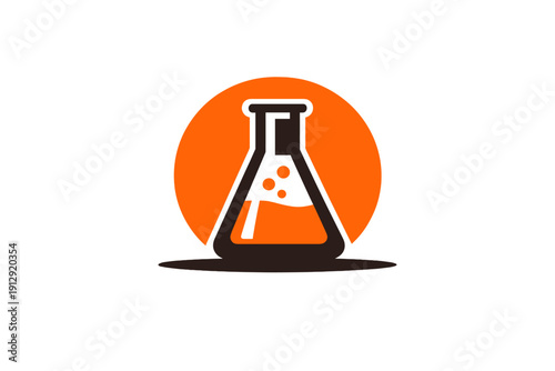 A minimalist graphic illustration of a laboratory Erlenmeyer flask containing bubbling liquid, positioned in front of a large orange circular background on a black field.