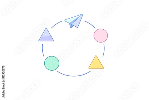 A circular diagram featuring a blue paper airplane, two triangles, and two circles in various pastel colors, all connected by curved lines on a black background.