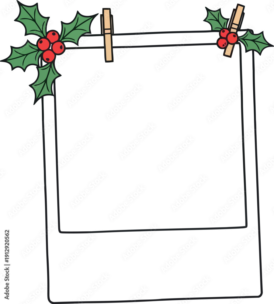 Fototapeta premium Blank Christmas Photo Frame with Holly Berries and Clothespins for Holiday Greeting Card Design