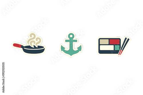Three stylized flat icons featuring a steaming frying pan, a teal anchor, and a bento box with chopsticks, all set against a solid black background in a sticker style.