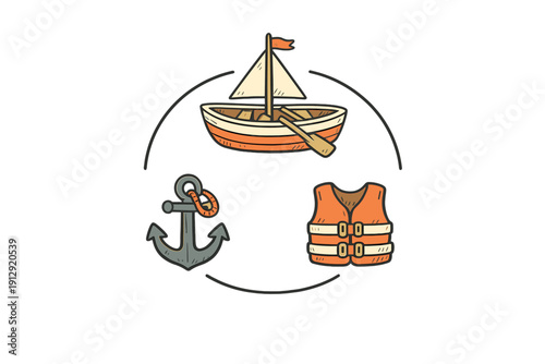A hand-drawn illustration featuring a small wooden sailboat with an oar, a grey metal anchor, and an orange life vest, all arranged inside a circular border on a black background.