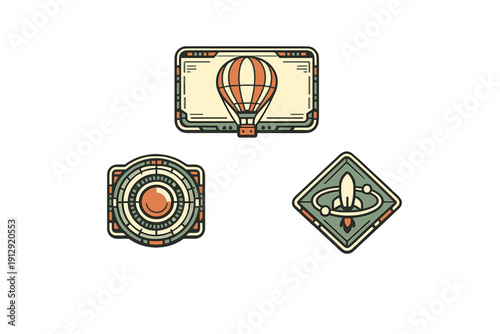 Three vintage-style badges featuring a hot air balloon, a mechanical eye, and a rocket ship. The icons use a muted color palette of orange, green, and cream on a black background.
