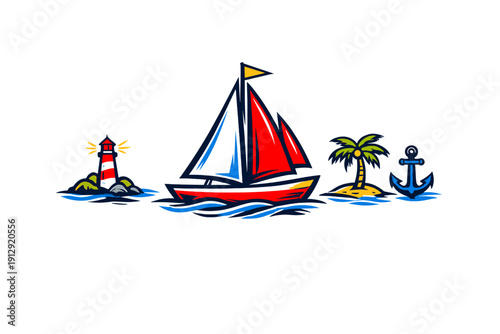 A vibrant nautical illustration featuring a sailboat with red and blue sails, a red and white lighthouse, a palm tree on a small island, and a blue anchor set against a black background.