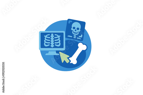 A flat vector illustration featuring medical diagnostic elements including a computer monitor with a ribcage x-ray, a skull x-ray film, a bone, and a cursor on a blue background.