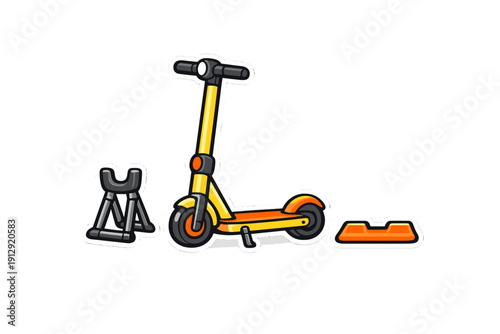 This sticker style illustration features a yellow electric kick scooter alongside a black parking stand and an orange floor accessory, all set against a solid black background.