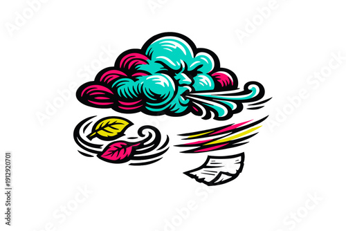 A stylized graphic illustration of an anthropomorphic cloud with a face blowing a strong gust of wind, scattering colorful leaves and papers against a solid black background.