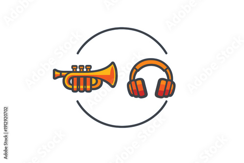 A stylized illustration featuring an orange and yellow trumpet next to a pair of headphones, both enclosed within a thin circular frame against a solid black background.