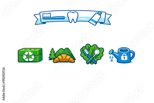 A collection of colorful cartoon icons featuring dental care tools, a recycling box, a croissant with mountains, and a blue watering can with a lock symbol on a black background.
