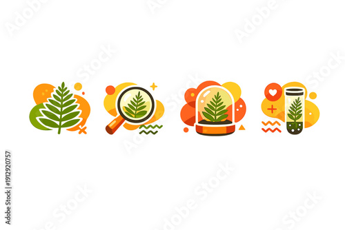 A set of four stylized icons depicting botanical research, featuring a green leaf, a magnifying glass, a plant under a glass dome, and a specimen in a laboratory test tube.