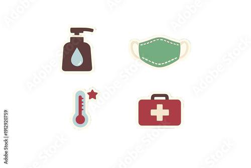 A set of four medical and hygiene icons including a hand sanitizer bottle, a green face mask, a thermometer showing high temperature, and a red first aid kit on a black background.