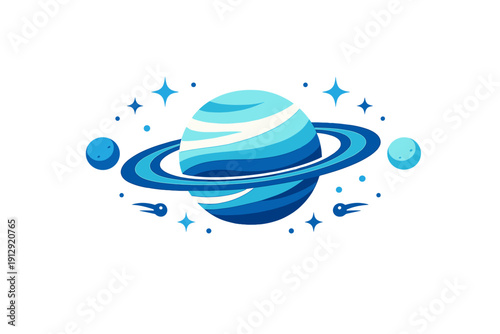 A stylized blue planet with rings is surrounded by two moons, stars, and comets against a black background. This flat vector illustration uses various shades of blue and white.