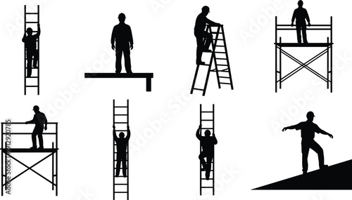 Collection of construction worker silhouettes climbing ladders and standing on scaffolding isolated on white background for industrial building and site safety design projects