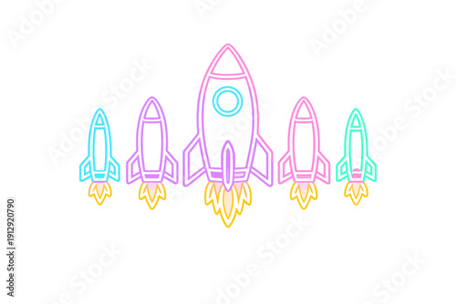 A group of five neon-style rockets in blue, purple, pink, and green colors are taking off with yellow exhaust flames. The minimalist digital art is set against a dark black background.